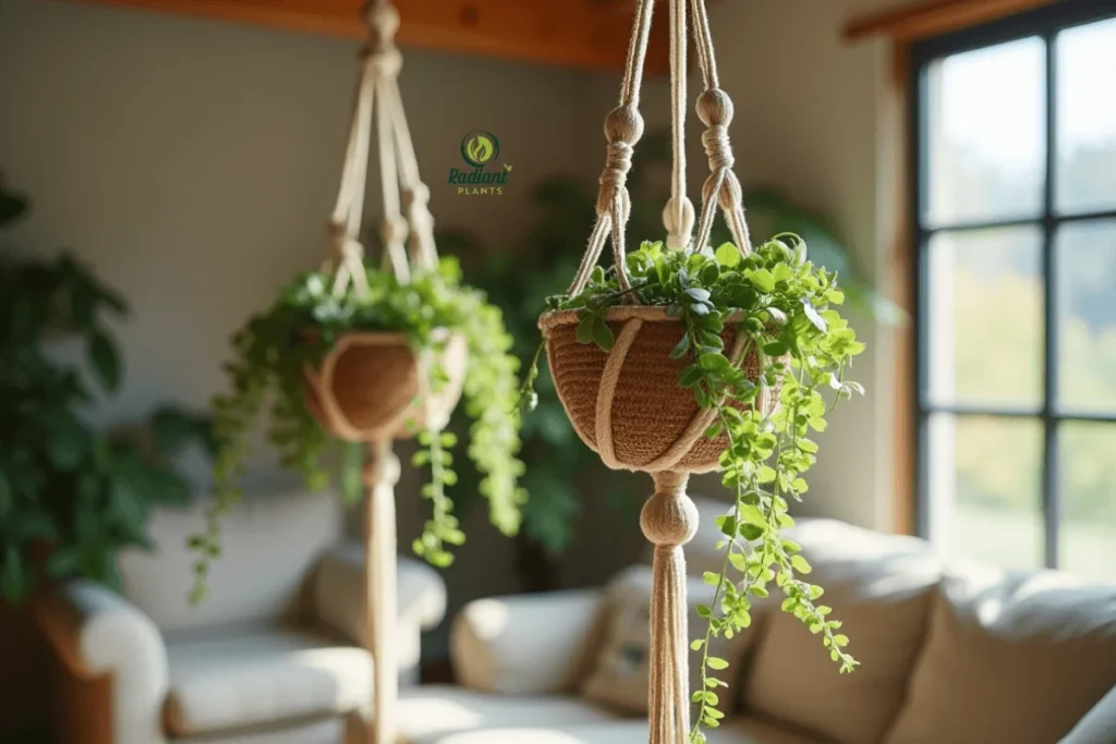 Bohemian Macrame Planters with Trailing Succulents Bohemian-style macrame planters holding trailing succulent plants like Burro’s Tail, adding a cozy, earthy vibe to any living space.