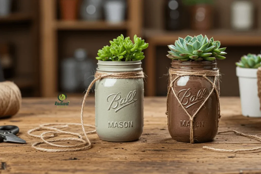 DIY Hanging Succulent Planters from Mason Jars Handmade DIY hanging succulent planters crafted from repainted mason jars and twine, showcasing small Echeverias and Sedums for a rustic, creative touch.