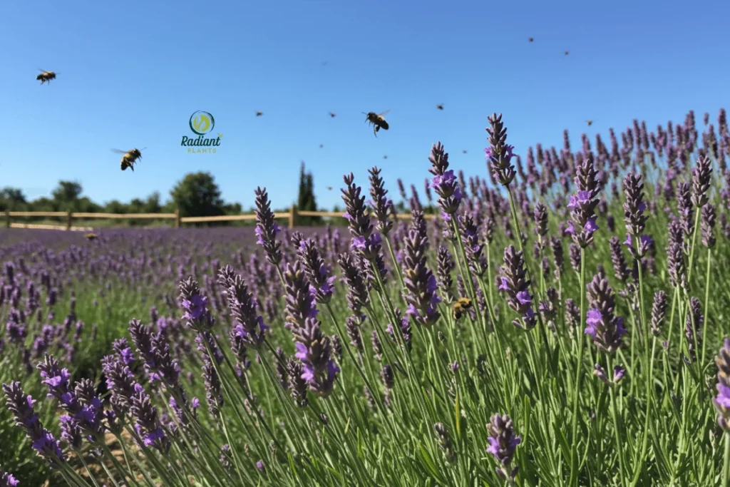A serene field of vibrant purple lavender plants in full bloom, with bees hovering around the fragrant flowers. The silvery-green foliage and rustic wooden fence create a charming garden scene.