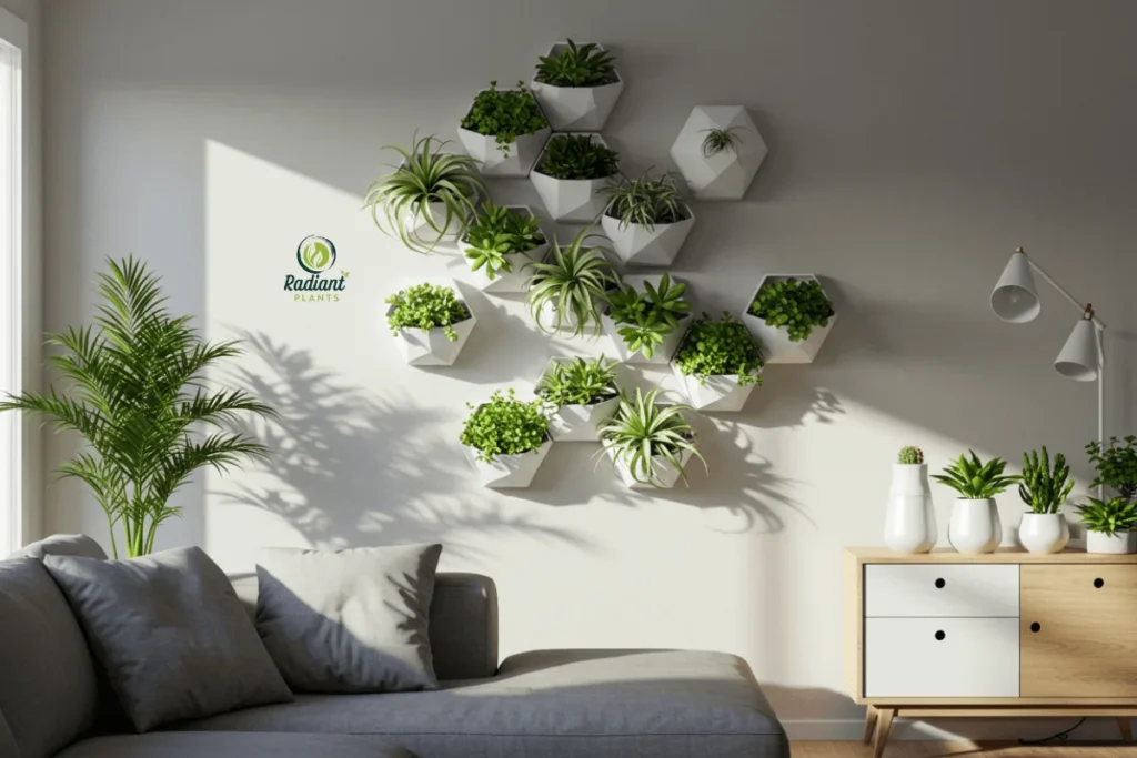 Geometric Succulent Wall Art Display A modern geometric wall art display featuring mixed succulents and air plants in hexagonal planters. A minimalist’s dream for indoor plant decor.