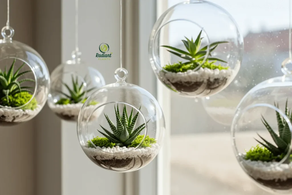 Glass Terrariums with Hanging Succulents Elegant glass orb terrariums filled with small succulent plants like Haworthias, hanging near a sunny window for a bright, airy aesthetic.
