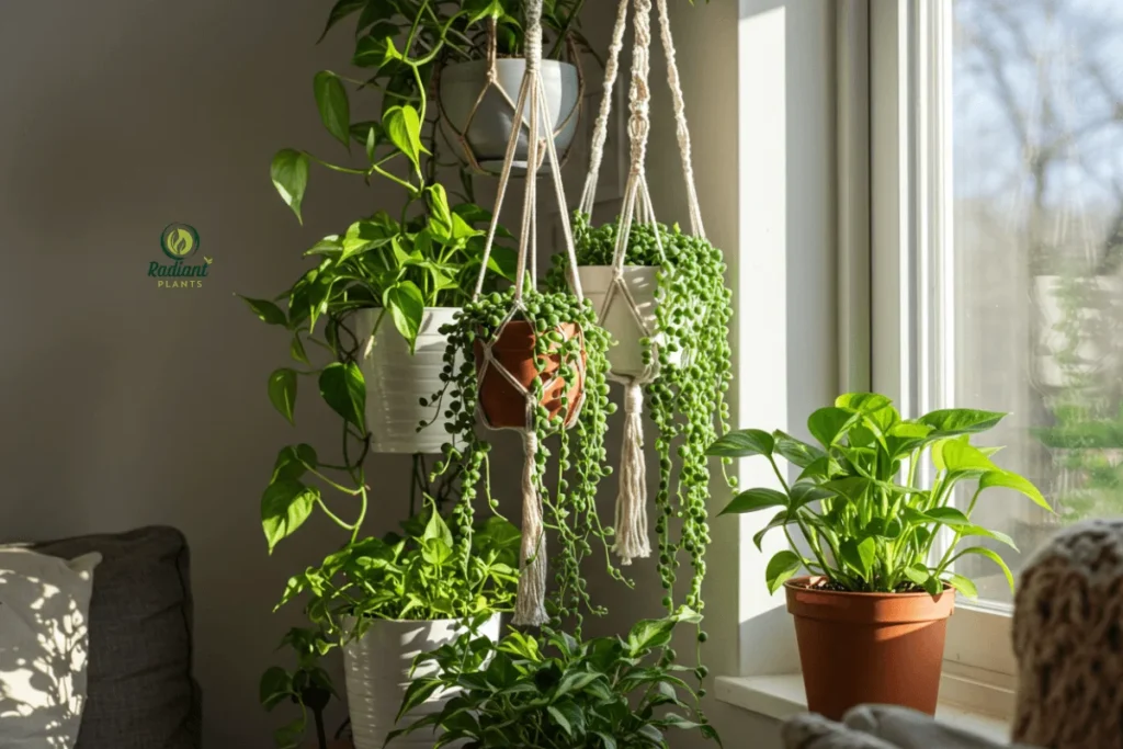 Indoor Plant Mix with Hanging Succulents A lush indoor plant display featuring hanging succulent plants like String of Pearls mixed with pothos and ferns, perfect for adding depth and texture to your decor.