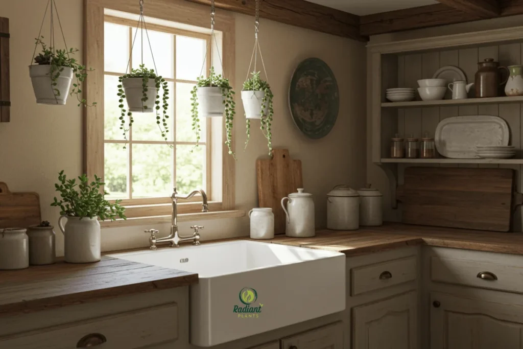 Rustic Kitchen Decor with Hanging Succulents Transform your kitchen with hanging succulent plants in ceramic pots, paired with herbs and natural sunlight for a fresh, farmhouse-inspired look.