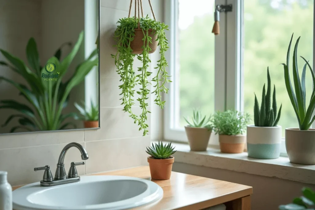Spa-Like Bathroom with Hanging Succulents Create a serene bathroom oasis with hanging succulent plants like Aloe and Haworthia, paired with waterproof ceramic planters for a spa-like ambiance.