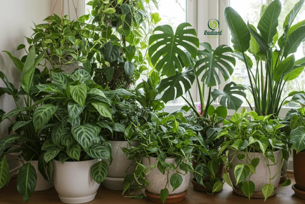 Styling Tips for a Lush Indoor Jungle A beautifully styled indoor jungle with layered tropical houseplants in modern, neutral-toned planters. Include tall plants like Fiddle Leaf Fig in the back, medium-sized Monsteras in the middle, and trailing Pothos in the front. Add decorative elements like woven baskets, wooden shelves, and macramé hangers for a cozy, tropical vibe.