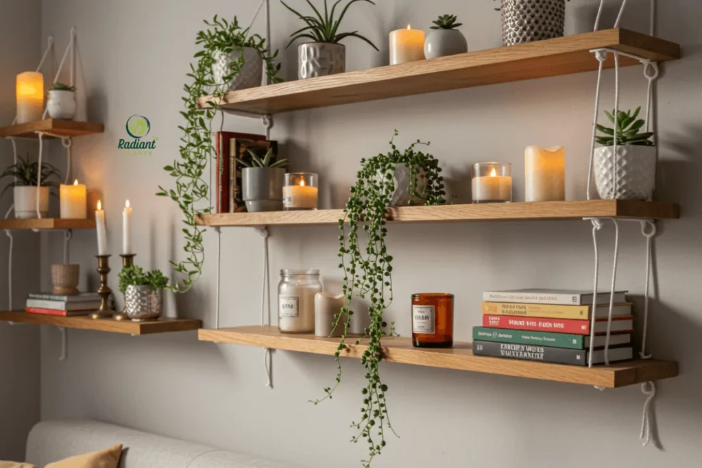 Stylish Succulent Shelfie with Macrame Hangers Floating wooden shelves adorned with hanging succulent plants in macrame hangers, creating a curated, Instagram-worthy display in any room.