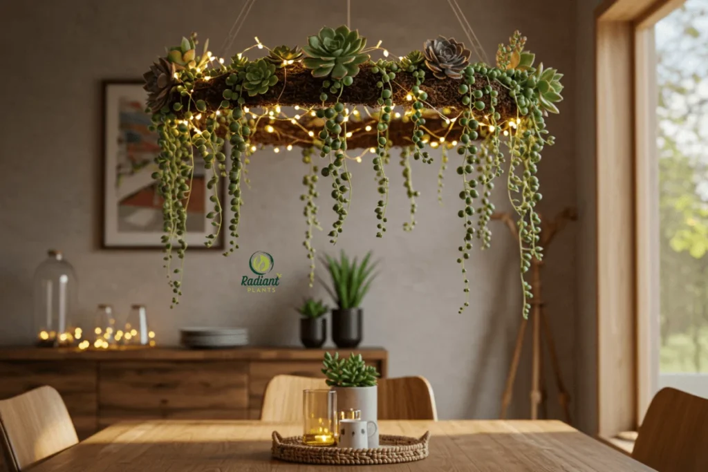 Succulent Chandelier with Fairy Lights A magical succulent chandelier with Echeverias and String of Pearls, illuminated by warm fairy lights. A unique centerpiece for dining rooms or living spaces.
