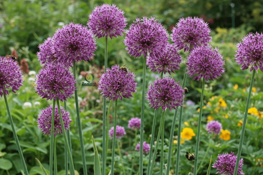 A garden bed filled with Allium plants, their spherical purple blooms standing tall on slender stems. Bees pollinate the flowers, adding life to this vibrant and structured garden scene.