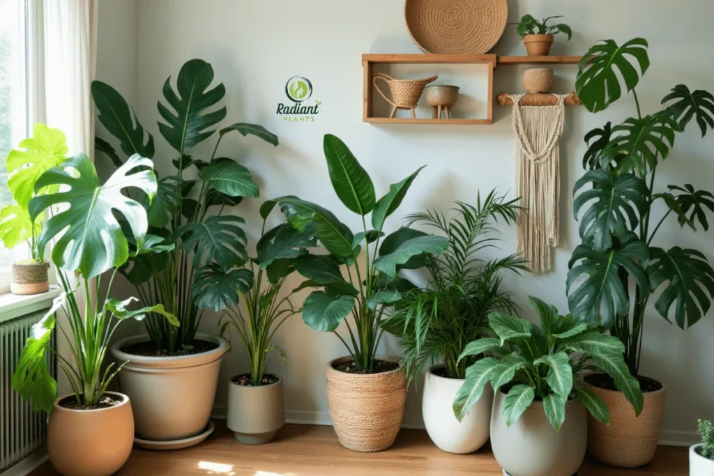 A serene, fully realized indoor jungle with thriving tropical houseplants filling every corner of a cozy living room. Include a mix of large statement plants, hanging vines, and smaller potted plants, with soft natural light streaming through the windows. Add a person relaxing on a couch, enjoying the tranquil, green oasis.