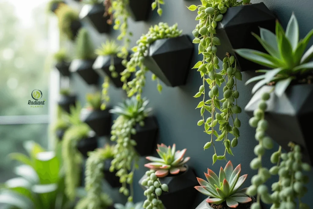 A stunning vertical garden featuring a variety of hanging succulent plants like String of Pearls and Echeverias, arranged in geometric wall planters. Perfect for modern home decor.