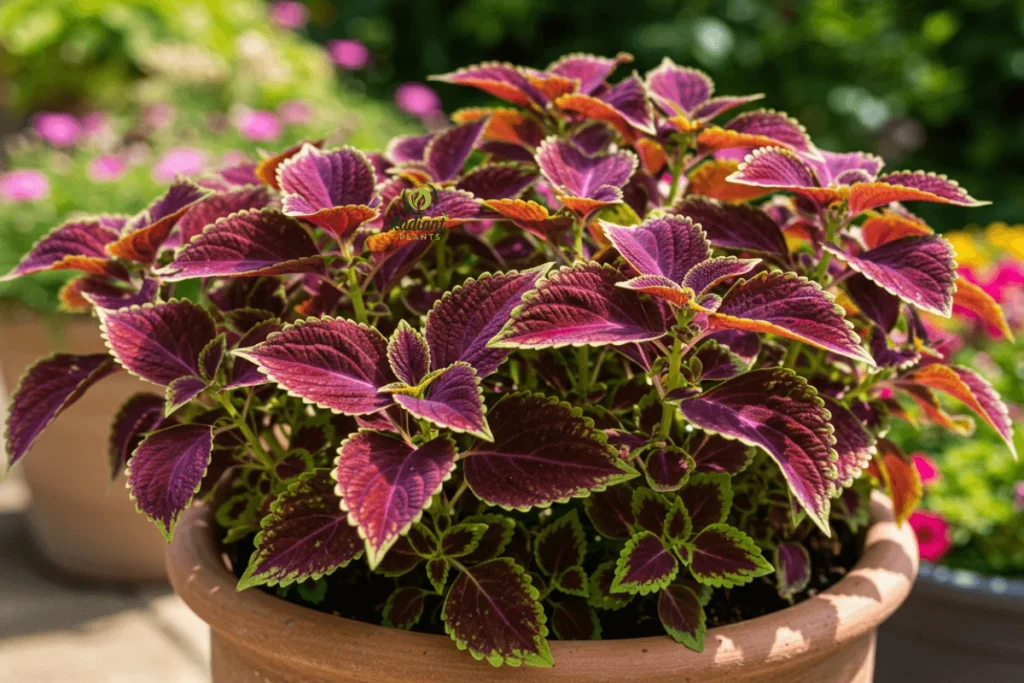 A colorful container garden featuring Coleus plants with deep purple and green leaves. The vibrant foliage is arranged in a decorative pot on a sunny patio, surrounded by other flowering plants.