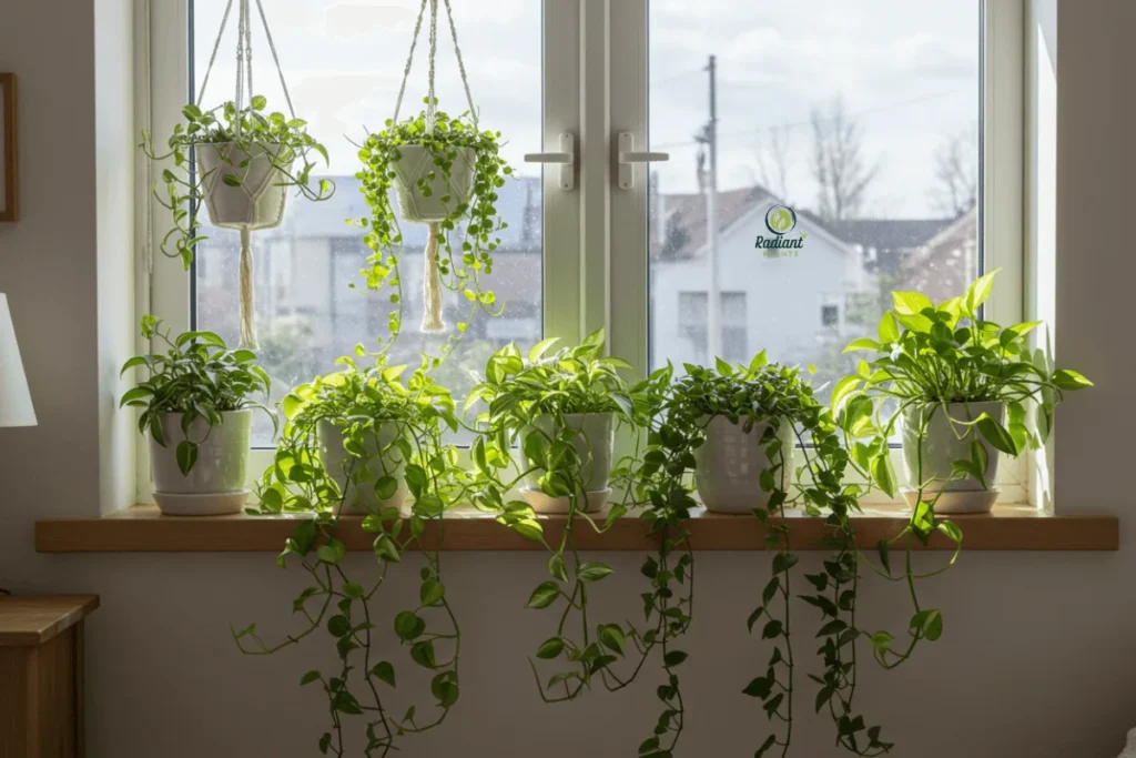 Modern Home Window Sill Decorated with Green Plants and Stylish Pots