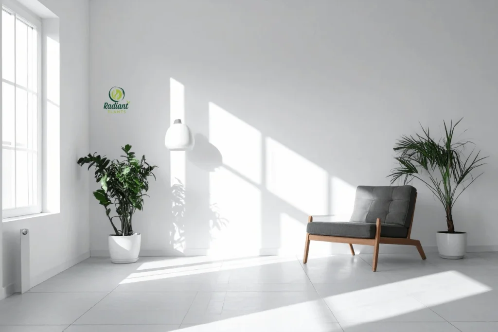 An arrangement of three minimalist indoor plants including a ZZ plant, rubber tree, and trailing pothos displayed in simple geometric planters. The plants are spaced evenly on a white surface, demonstrating the rule of three and clean styling principles for modern plant decor.