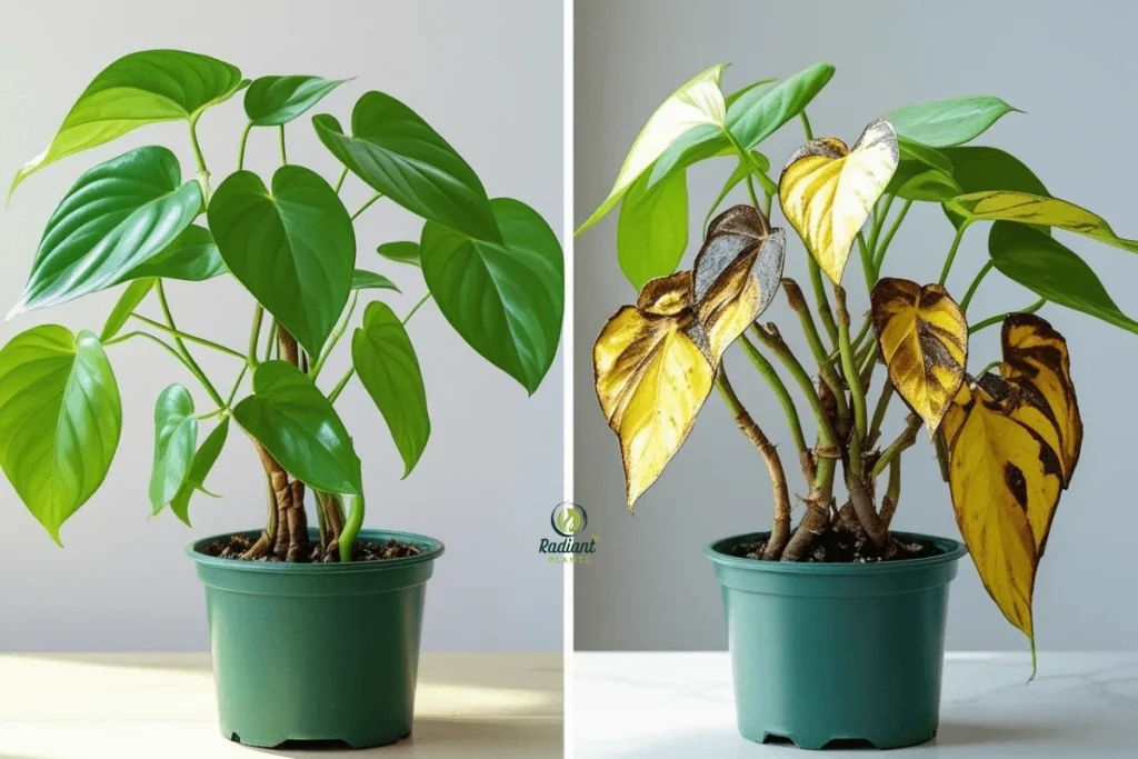 Indoor plant leaf damage caused by fertilizer burn compared to healthy growth