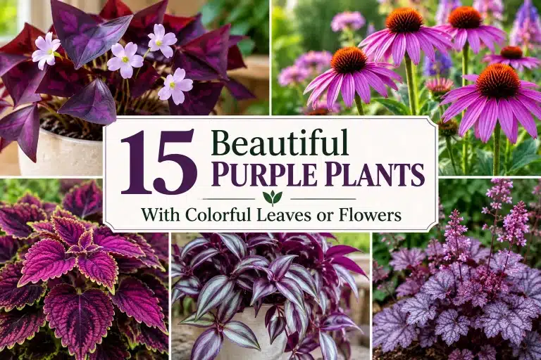 Collage of beautiful purple plants, including purple shamrock, coleus, Tradescantia, coneflowers, and coral bells, with the title 15 Beautiful Purple Plants.