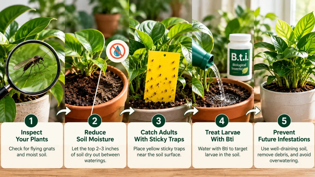 Five steps to get rid of fungus gnats in houseplants using soil moisture control, sticky traps, and Bti