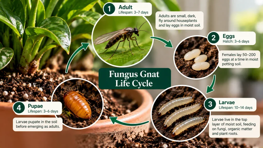 Fungus gnat life cycle showing eggs, larvae, pupae and adults in moist houseplant soil