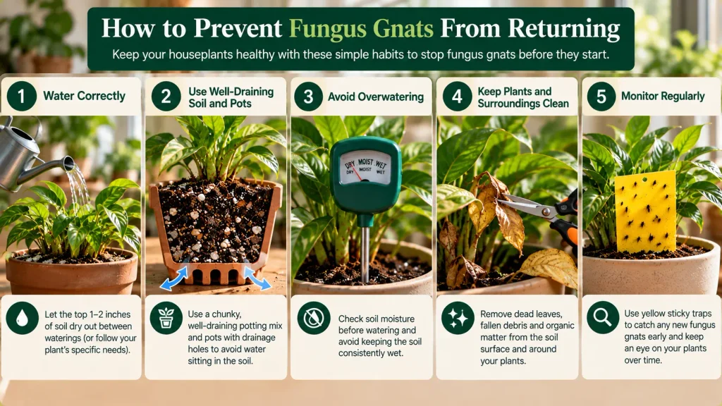 How to prevent fungus gnats from returning with proper watering, drainage, clean soil and yellow sticky traps