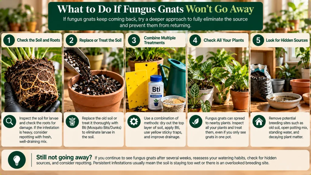 What to do if fungus gnats won't go away: inspect houseplant soil, check nearby plants, and control larvae.