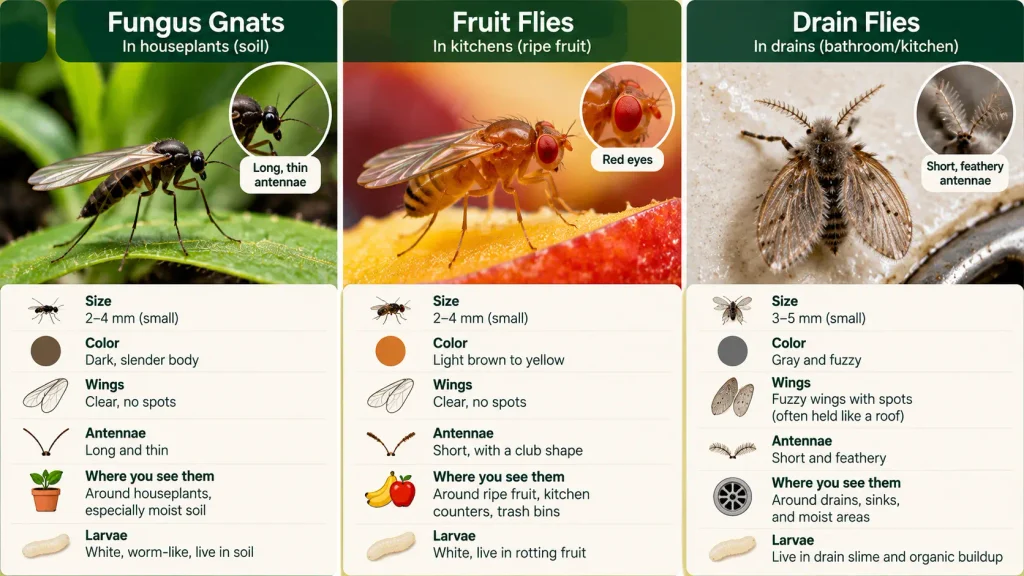 Fungus gnats vs fruit flies vs drain flies identification comparison showing appearance, wings, antennae and habitats