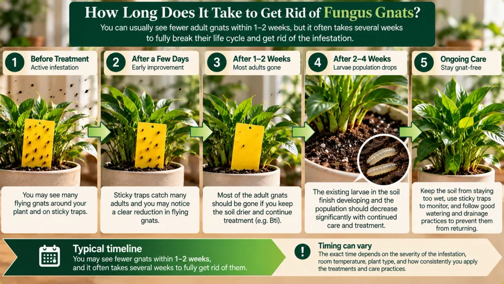 How long does it take to get rid of fungus gnats in houseplants with sticky traps and soil treatments