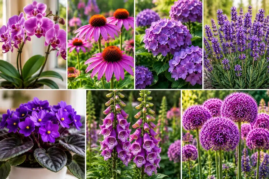 Collage of seven purple flowering plants, including orchids, coneflowers, hydrangeas, lavender, African violets, foxgloves, and ornamental alliums.