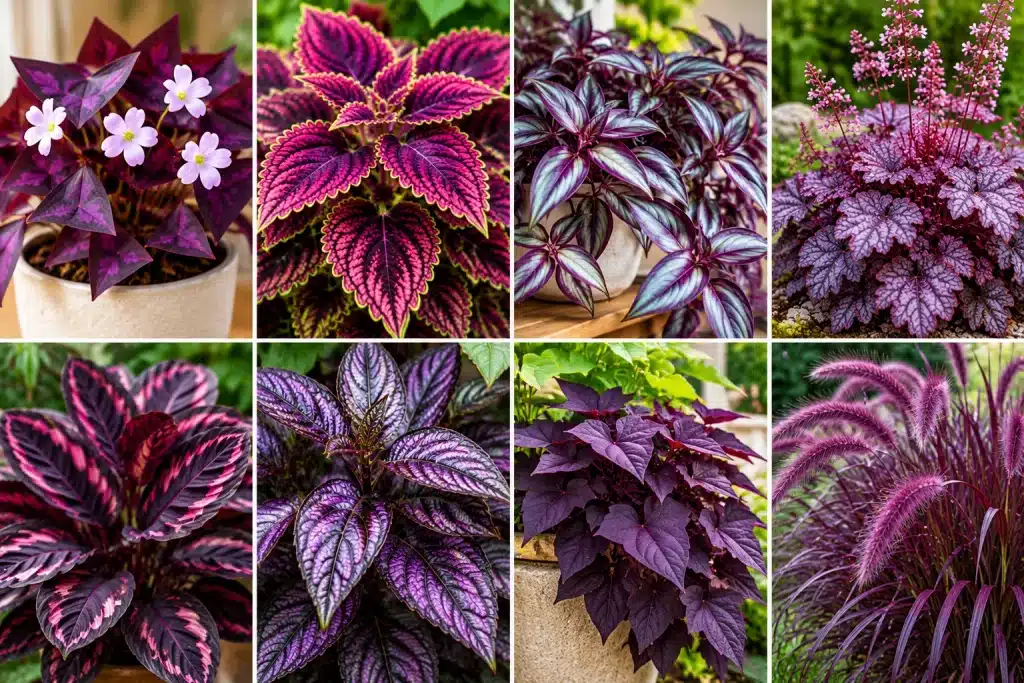 Collage of eight purple foliage plants, including purple shamrock, coleus, Tradescantia, coral bells, calathea, Persian shield, sweet potato vine, and purple fountain grass.