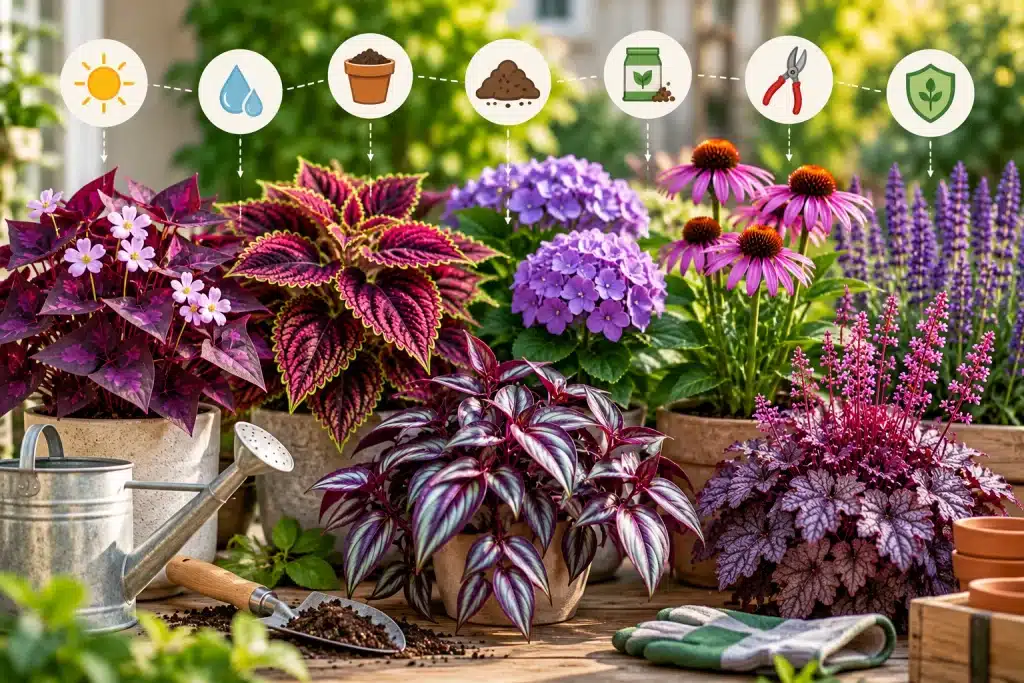 Purple plants in a garden setting with a watering can, soil, pruning tools, and icons illustrating sunlight, watering, fertilizing, and plant care.