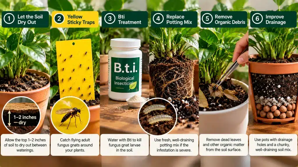 Effective fungus gnat treatments including yellow sticky traps, Bti, soil moisture control and improved drainage