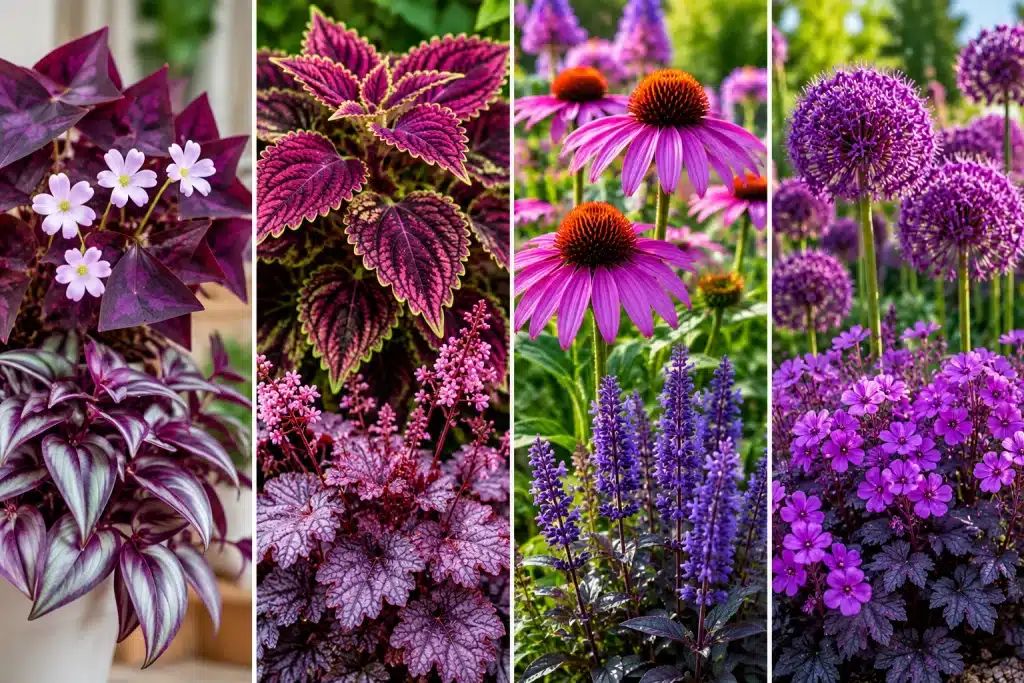 Collage of purple plants featuring purple shamrock, coleus, Tradescantia, coral bells, purple coneflowers, and ornamental alliums.